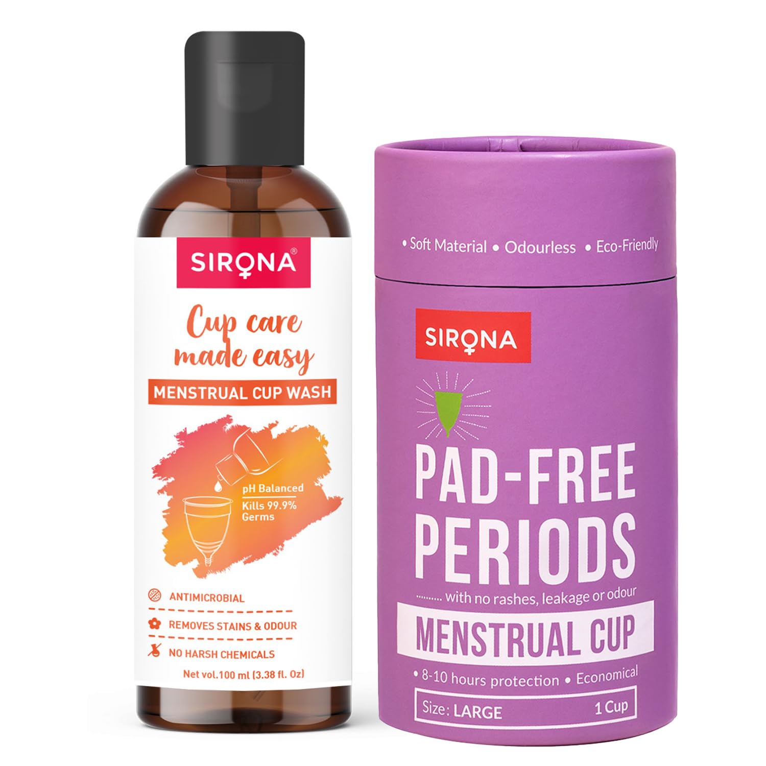 Sirona Reusable Menstrual Cup for Women - Large with Rose Fragrance Menstrual Cup Wash - 100 ml