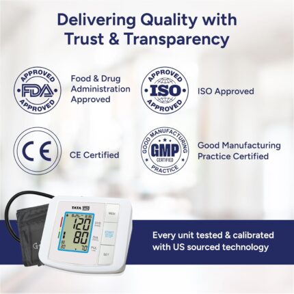 Tata 1mg Blood Pressure Monitor | Fully Automatic Portable Digital BP Machine for Home | Large LCD Display | Powered with USB cable or AA batteries | Stores 90 Sets of Memory for 2 Users