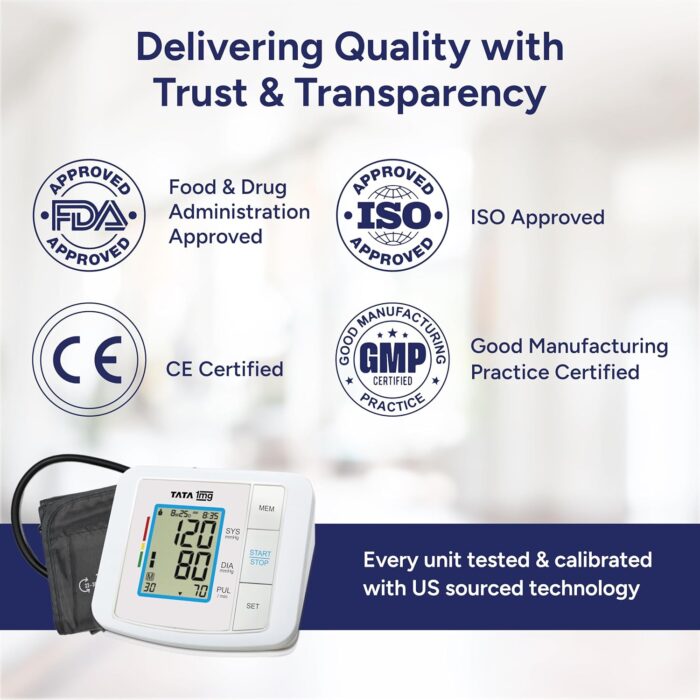 Tata 1mg Blood Pressure Monitor | Fully Automatic Portable Digital BP Machine for Home | Large LCD Display | Powered with USB cable or AA batteries | Stores 90 Sets of Memory for 2 Users