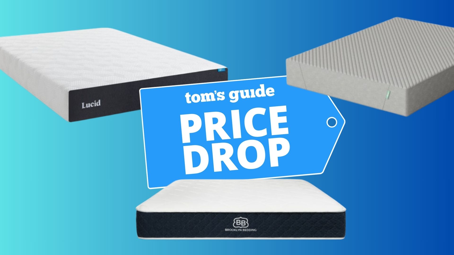 Three mattresses on blue gradient background with Tom's Guide price drop badge in center