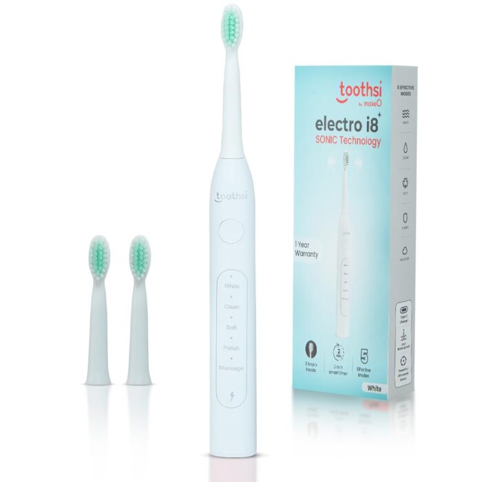 Toothsi Electro i8 Sonic Electric Toothbrush | Smart Electric Toothbrush for Men & Women | with 5 Modes & 3 Brush Heads | IPX 7 Waterproof | Rechargeable | Oral Care | White, Adult, 1 Count