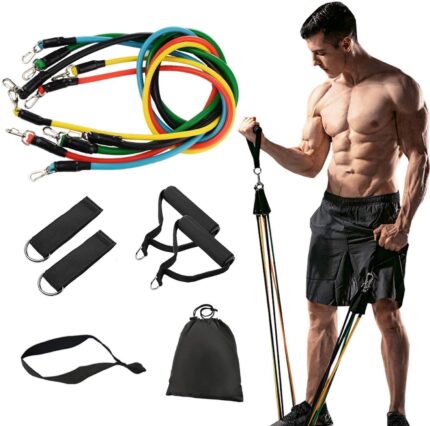 UCRAVO 11 Pack Yoga Resistance Bands Set,Including 5 Stackable Exercise Bands with Door Anchor,2 Foam Handle,2 Metal Foot Ring Carrying Case Home Workouts,Physical Therapy,Gym Training
