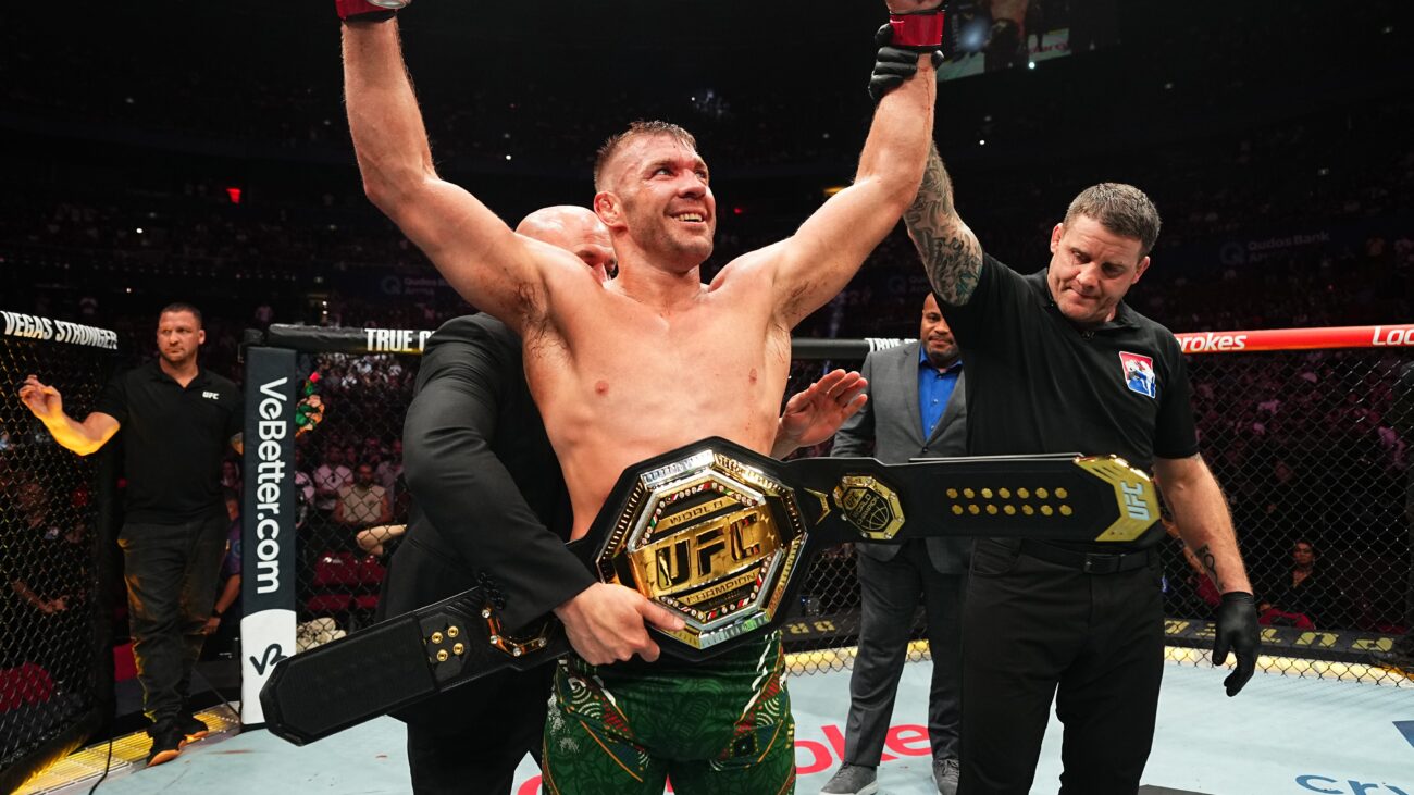 Dricus Du Plessis of South Africa reacts after a unanimous-decision victory against Sean Strickland in the UFC middleweight championship fight during the UFC 312 event at Qudos Bank Arena on February 09, 2025 in Sydney, Australia.