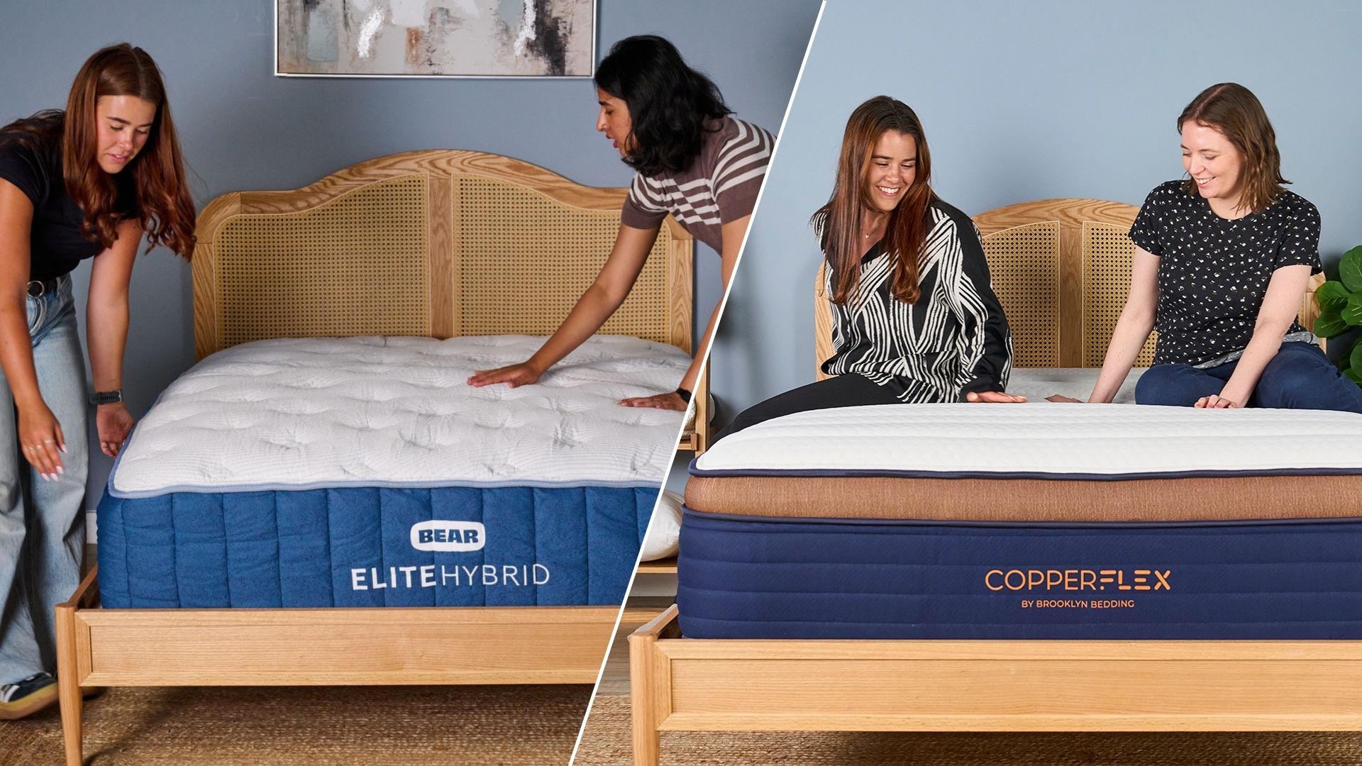 Side by side images of two Tom's Guide mattress writers unboxing the Bear Elite Hybrid cooling mattress, and two of our sleep writers sitting and smiling on he Brooklyn Bedding CopperFlex cooling mattress