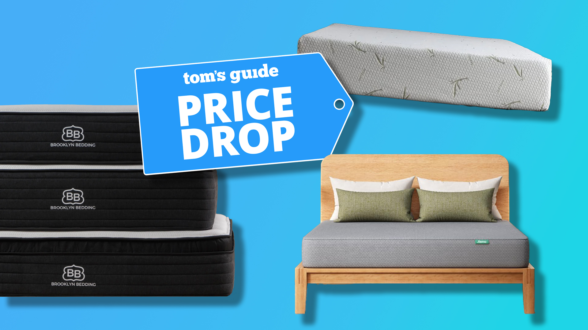 A collage of images against a blue background. To the left, a stack of Brooklyn Bedding Select Gel Memory Foam Hybrid Mattresses. In the top right, a Tulo Bamboo Green Tea Memory Foam Mattress. Bottom right, a Siena Essential 8" Memory Foam Mattress on a wooden bed frame with a stack of pillows at the head of the bed. In the center, a Tom's Guide Price Drop deals graphic.