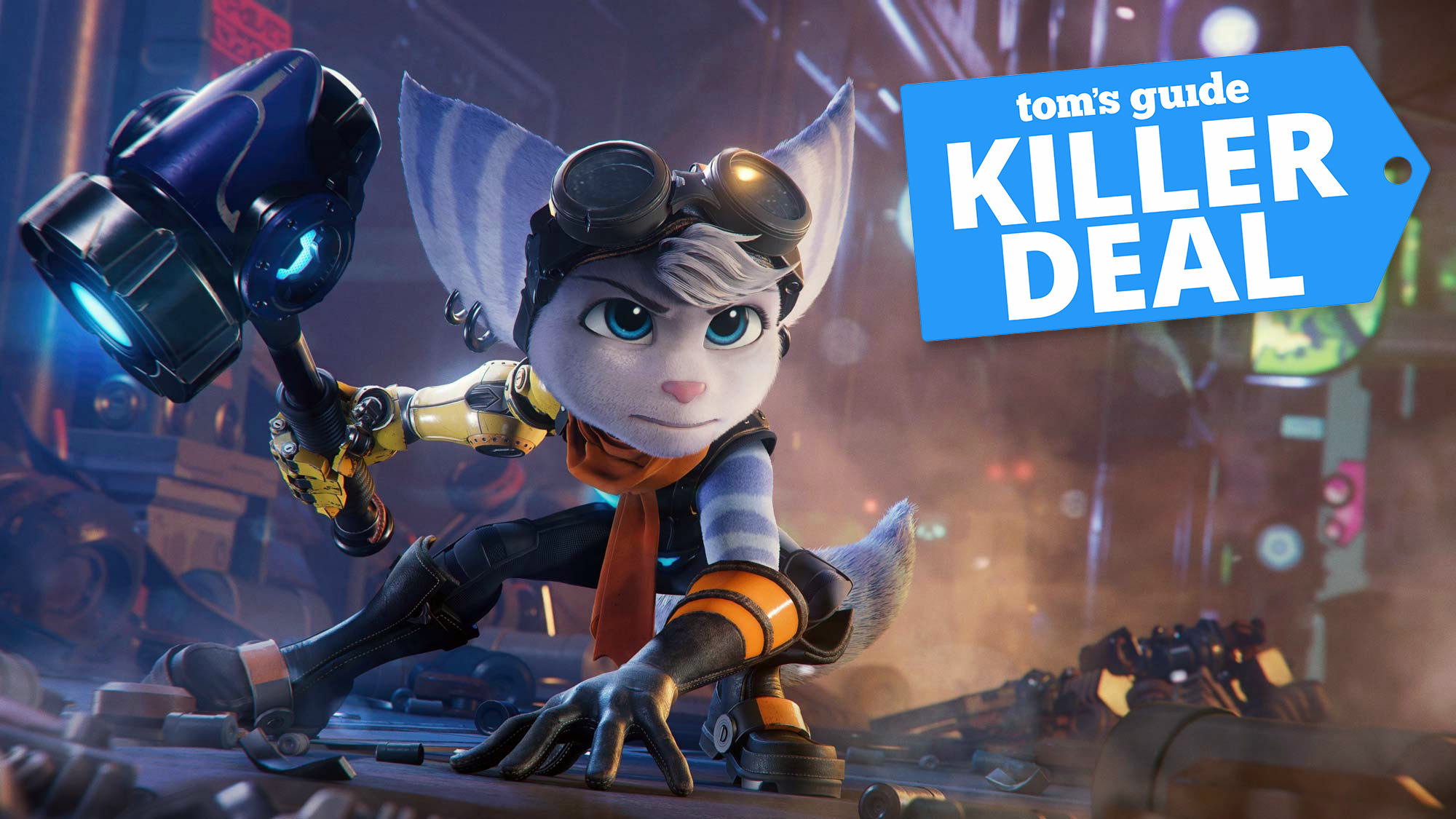 Ratchet and Clank Rift Apart with deal tag superimposed