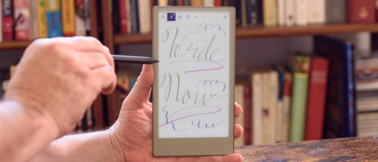 reMarkable Paper Pro Move tablet in front of a library of books, showing various writing screens and comparing the size to a Moleskine notebook