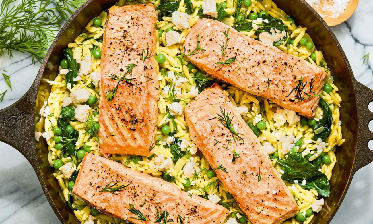 This RD's Go-To Lemony Salmon Orzo Recipe Has 34 Grams Of Protein